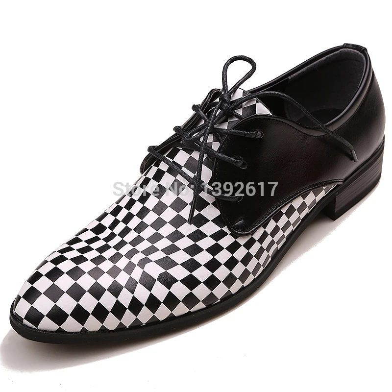 Free ship mens tuxedo shoes black and white check pattern