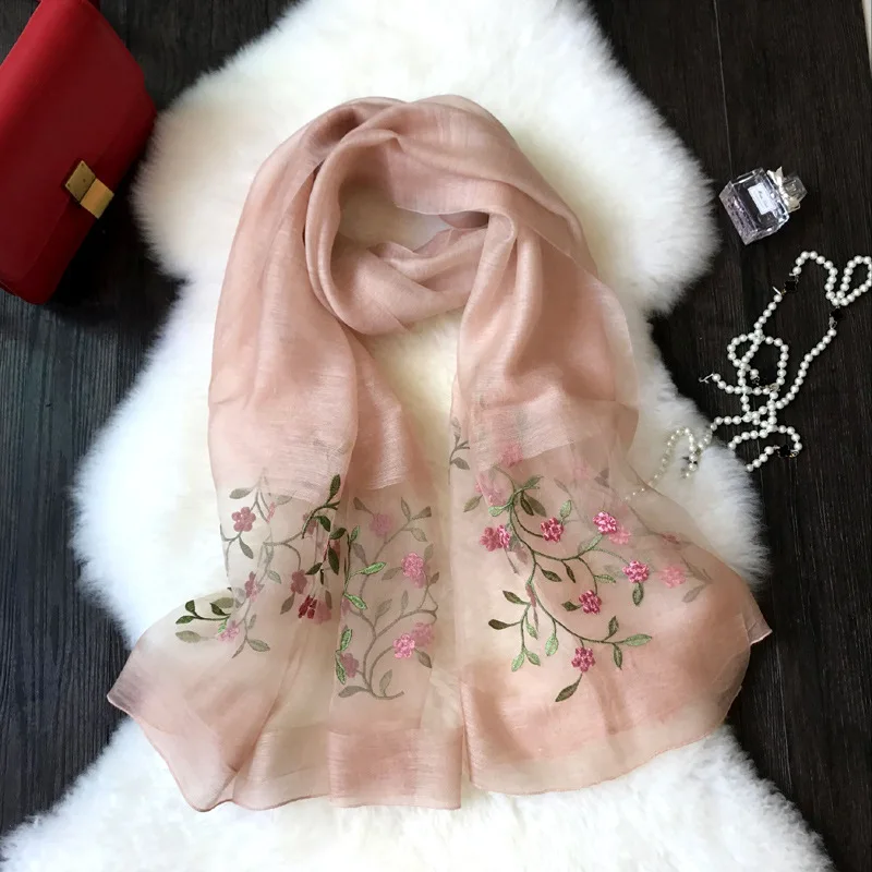 

190x90CM Luxury Brand Scarves Fashion Embroider Flower Shawl Hot Sale Women Thin Soft Genuine 50% Silk 50% Wool Scarf Shawl