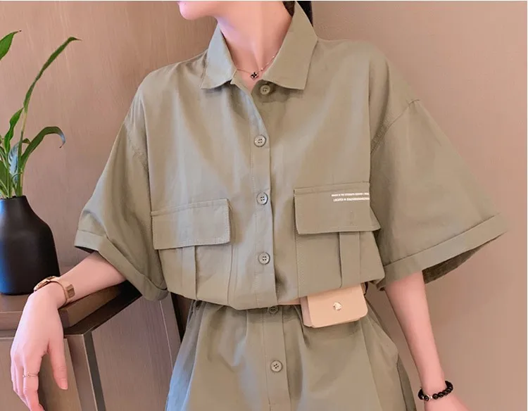 New Tooling Jumpsuit Summer Women Short Playsuits Loose Short Sleeve Single Breasted With Belt Rompers Womens YT50104