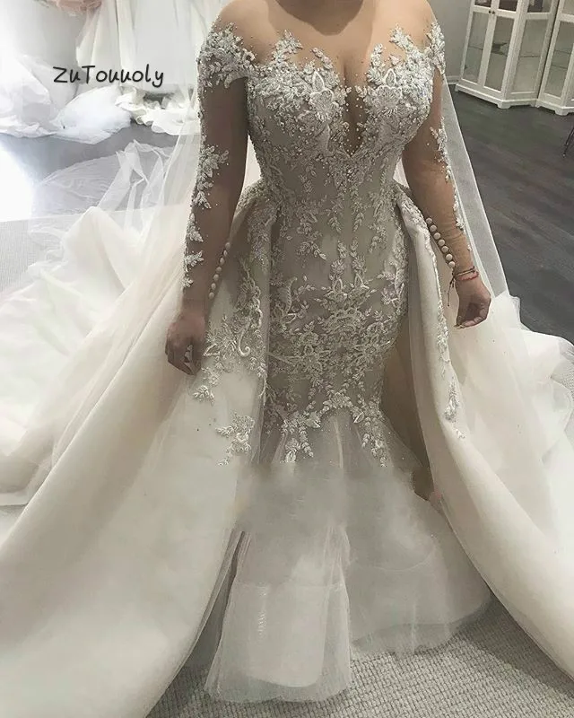 

Gorgeous Overskirt Mermaid Wedding Dress Shiny Plus Size Applique Country Wedding Gowns With Beaded Long Sleeve Best Bride Dress