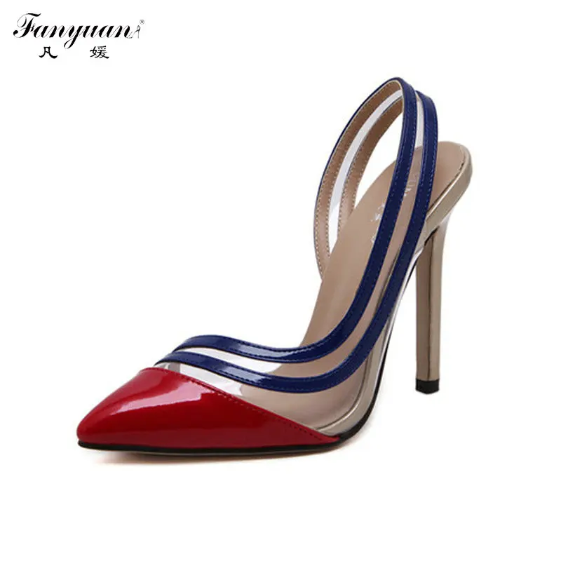 

Mixed Colors High Thin Heel Women's Slip-on Sandals Back Strap Covered Side Apricot Buttom Transparent Shallow Party Shoes