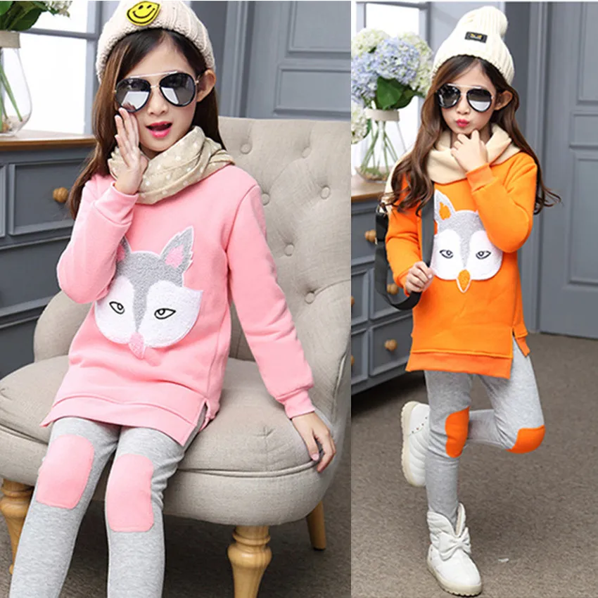 

3-12 y fashion girls clothes set girl clothing sets cartoon fox fleece inside warm sweatshirt + pants autumn and winter
