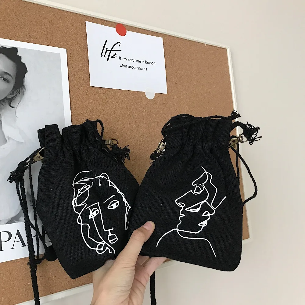 

Casual Korea Women Drawstring Bags Mobile Phone Bag Fashion Simple Cartoon Messenger Bag Canvas New Harajuku Bags