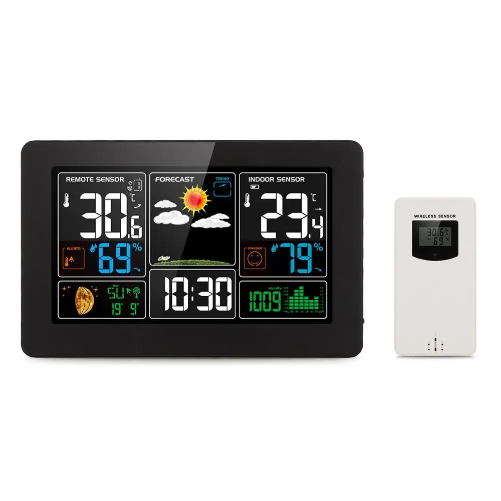 

PROTMEX PT3388 Wireless Weather Station Temperature Humidity Sensor Colorful LCD Display Weather Forecast Radio Contraol Time