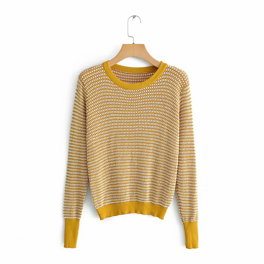 

Women Spring Autumn Mustard Yellow Long Sleeve Pullover 2019 New Za Splice Colour Knitwear Female Casual O-neck Sweater Jumpers