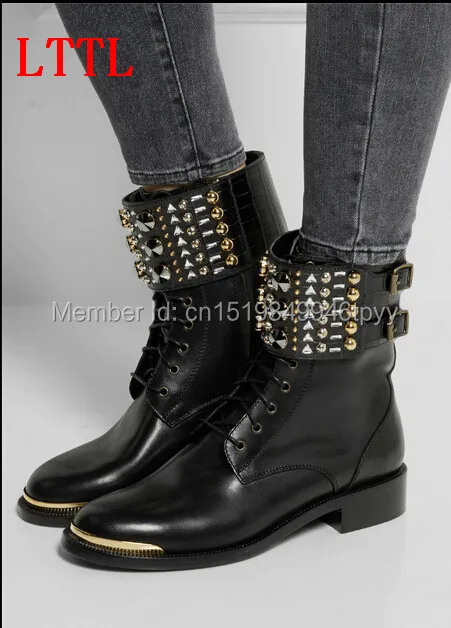 

2016 Designer Women Ankle Boots Gold And Silver Spikes Lace-up Buckle Boots With Gold Studs Drop Shipping
