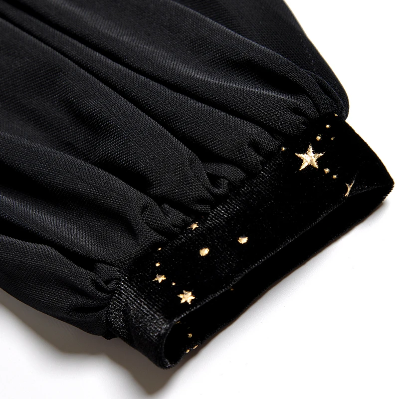Подиумное дизайнерское платье, Осень-зима, Сетчатое черное бархатное платье с длинным рукавом, с блестками и звездами, элегантное ТРАПЕЦИЕВИДНОЕ платье для женщин