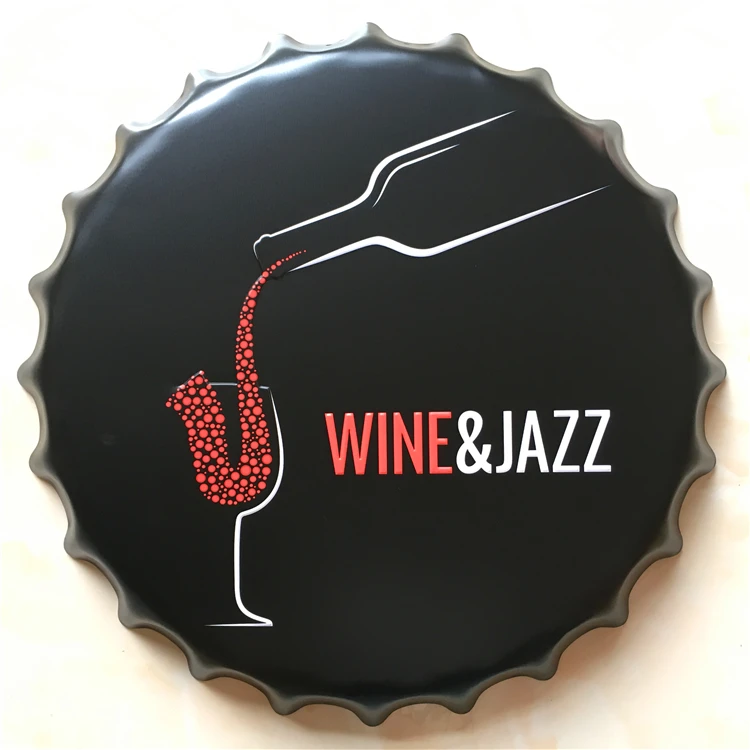 

WINE&JAZZ Large Beer Cover Tin Sign Logo Plaque Vintage Metal Painting Wall Sticker Iron Sign Bar KTV Store Decorative 40X40 CM