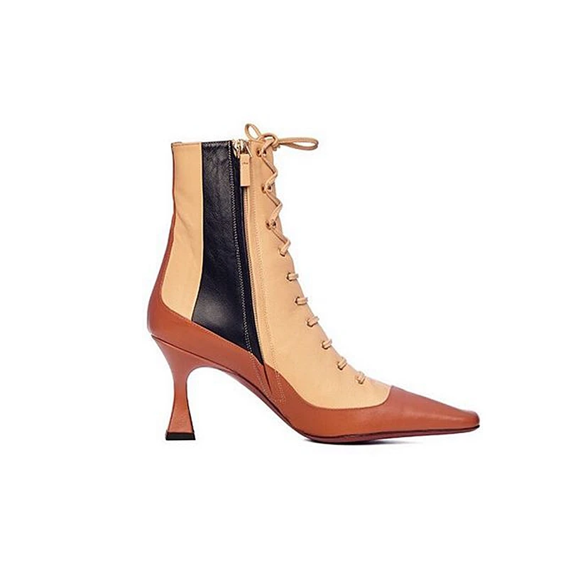 Ботильоны в стиле пэчворк на утином пуху кожаные женские ботинки на высоком каблуке со шнуровкой женские туфли-лодочки Ботинки martin с квадратным носком Ins Botas Mujer