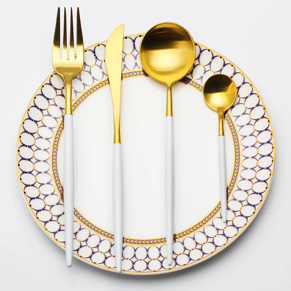 Lekoch-4PCS-Set-Tableware-Stainless-Steel-Spoons-Forks-Knives-Kit-White-Gold-Flatware-Sets-Food-Grade