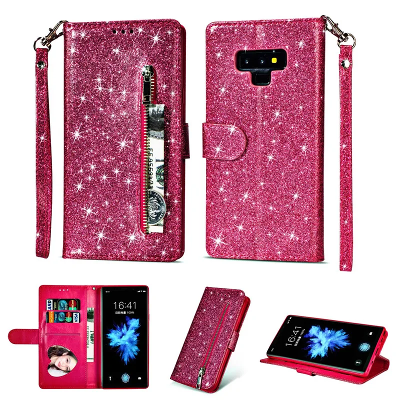 Zipper Wallet Case For Samsung S10 S9 Plus Card Glitter PU Leather Case For Samsung Galaxy S10 Lite S8 S7 S6 edge Note 9 8 Cases