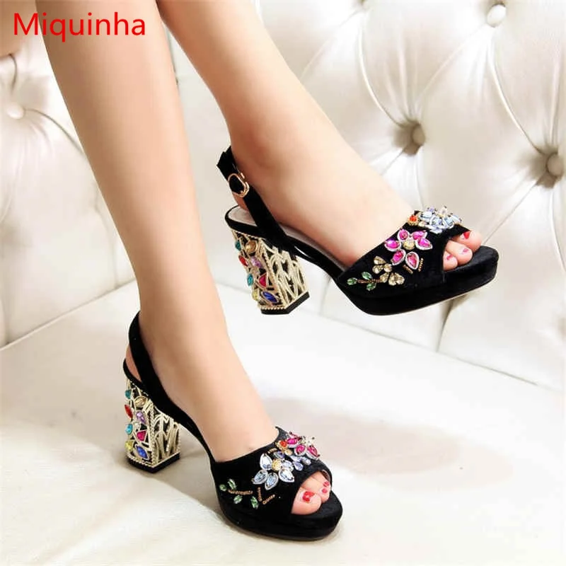 

Miquinha Peep Toe Colorful Crystal Embellished Strange Heel Stylish Brand Design Women Sandals Flower Runway Super Star Shoes