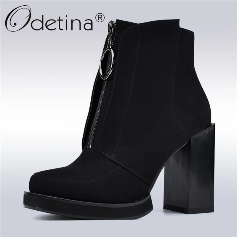 

Odetina Fashion New Fashion Infront Zipper Ankle Boots For Women Platform 10cm Square High Heels Plush Women Boots Winter Autumn