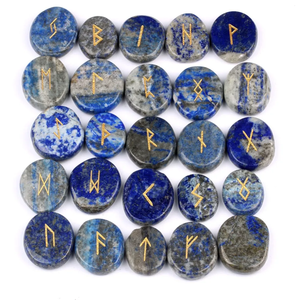 

Natural Engraved Chakra Lapis Lazuli Rune Divination Stones Set Gemstones Craft Feng Shui Decoration 25pcs Set with Velvet Bag