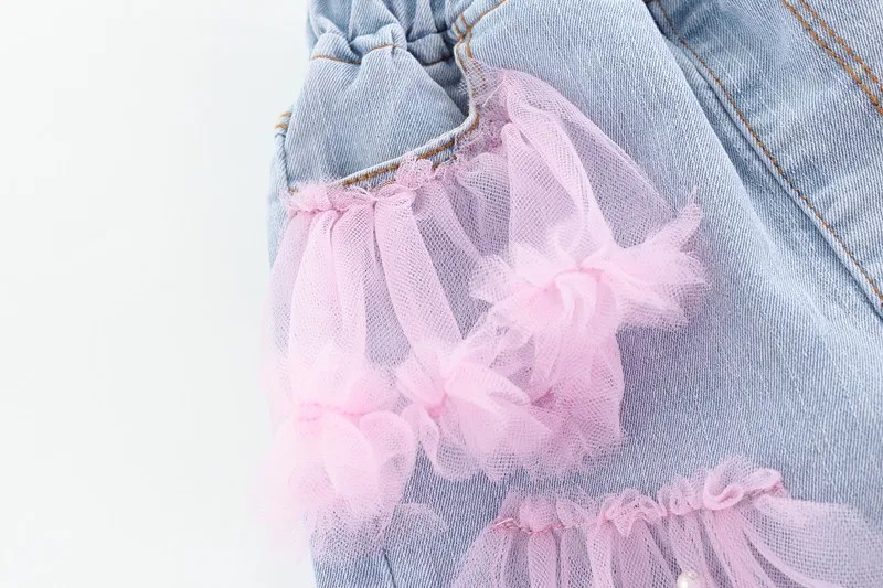 Розовая кружевная джинсовая юбка-пачка для девочек, модные джинсовые брюки От 2 до 12 лет джинсы с эластичной резинкой на талии для подростков Прямые рваные штаны Весна-лето