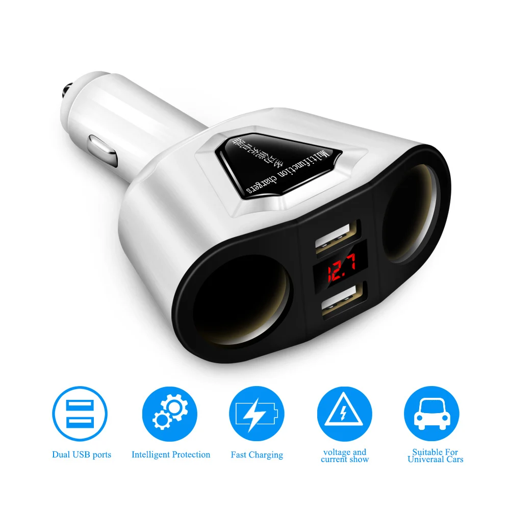Onever 3.1A устройство для автомобиля с двумя портами USB Зарядное устройство с 2 гнезда прикуривателя 120W Мощность Поддержка Дисплей ток Volmeter для iPhone samsung