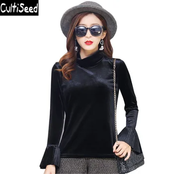 

Women Autumn Winter Turtleneck Pleuche Gold Velvet Basic T-shirt Tops Female Elegant Office Work Butterfly Sleeve T-shirt Tops
