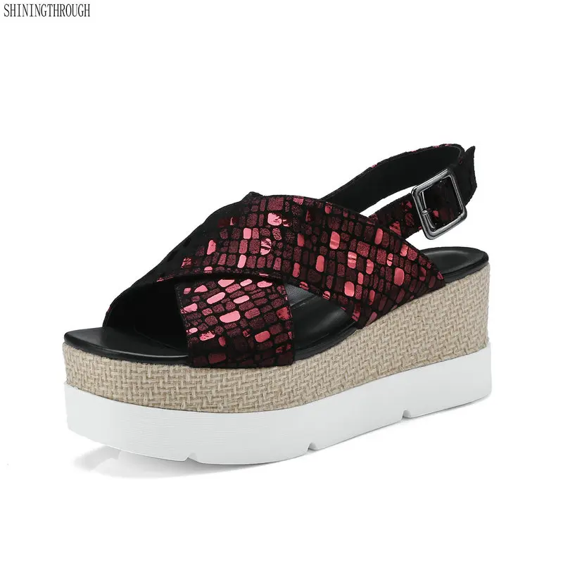 

New genuine leather women sandals wedge high heels ladies sandals platform open toe shoes silver red summer shoes woman