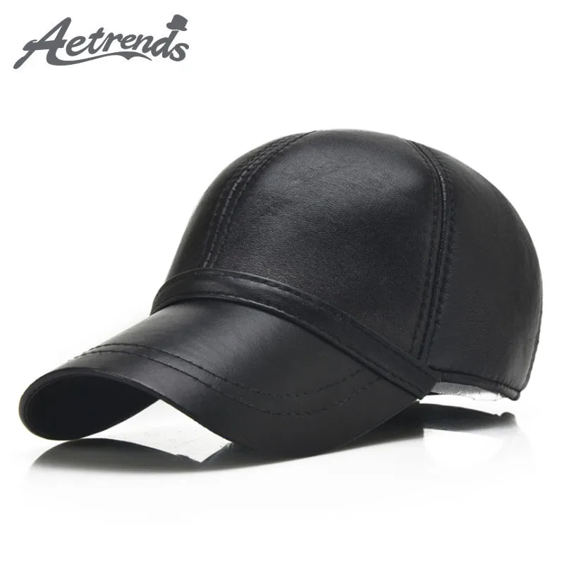 

[AETRENDS] 100% Leather Cap Men Hat Baseball Cap Man Sheepskin Leather Dad Hat Bone Trucker Hats Winter Black Full Gorras Z-5292