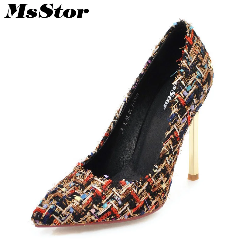 

MsStor Pointed Toe Thin Heels Women Plaid Pumps Shallow Super High Heels Women Shoes 2018 Sapato Feminino Women High Heel Shoes
