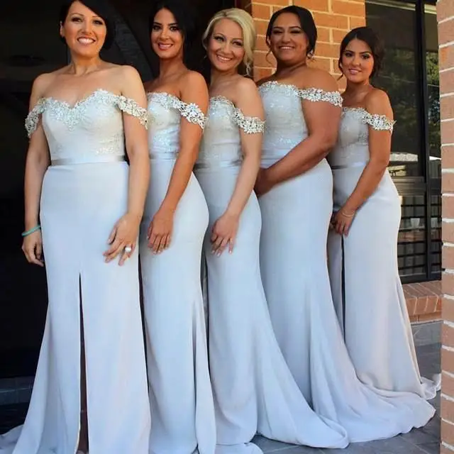 

Off The Shoulder 2019 Cheap Bridesmaid Dresses Under 50 Mermaid Slit Satin Lace Long Wedding Party Dresses For Women