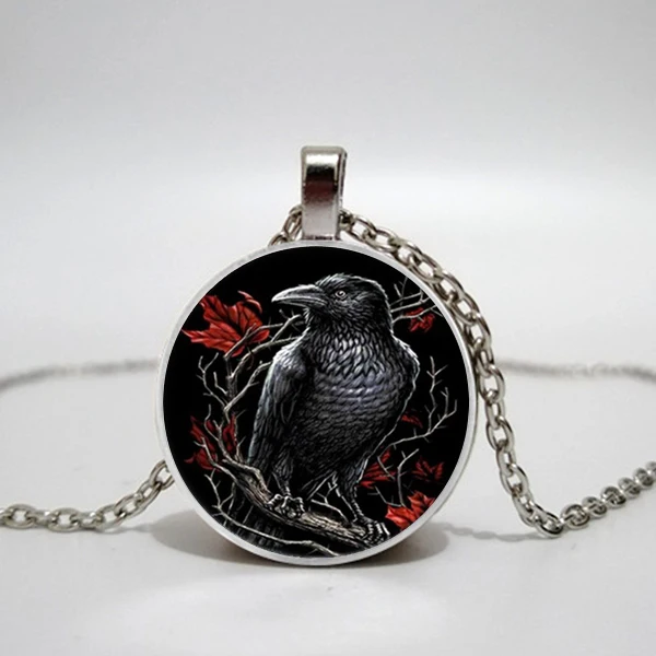 Black Raven Photo Cabochon Glass Tibet Silver Chain Pendant Necklace
