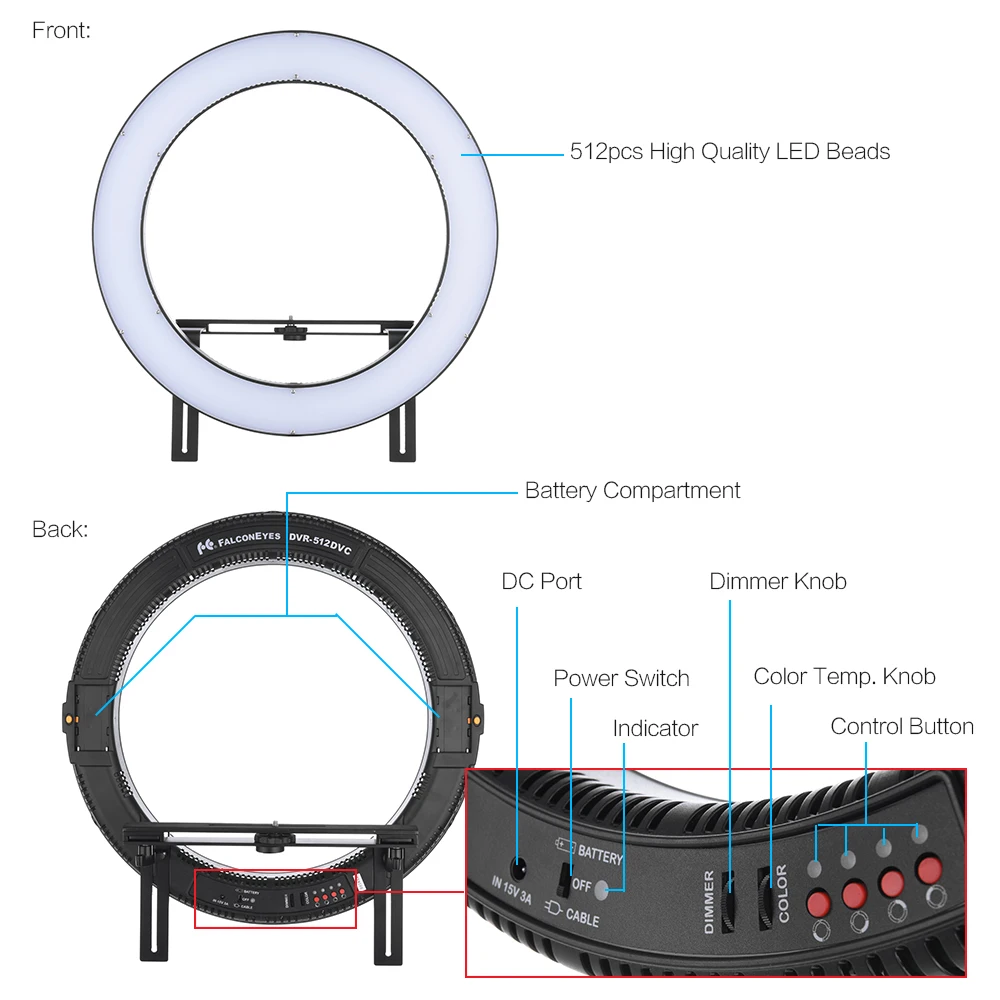 FalconEyes DVR-512DVC кольцевой светильник для селфи для студийной фотосъемки светодиодный светильник CRI90+ 3200-5600K регулируемый светильник для видеосъемки с цветовой температурой