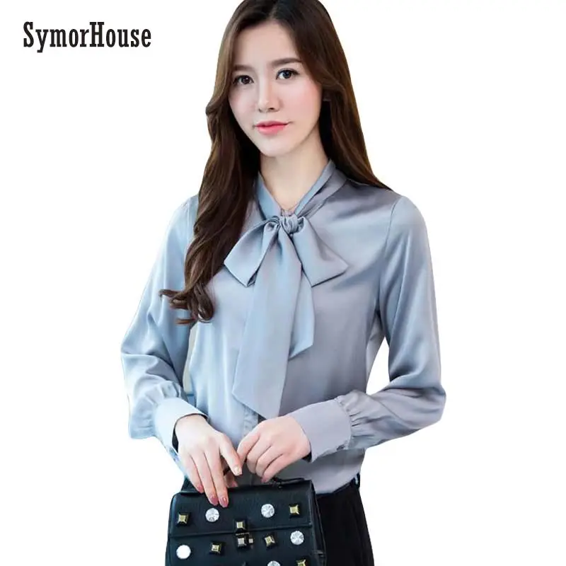 

2019 NEW Spring long sleeve bow tie satin shirts women work wear office blouses lady casual Faux silk shirt bow tops female