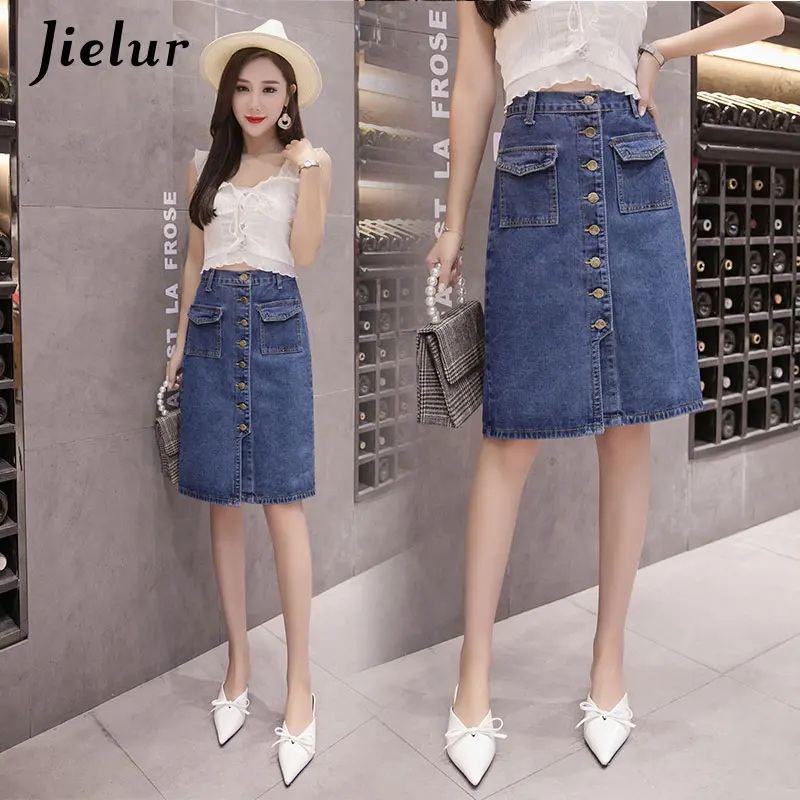 Jielur Korean Fashion High Waist Skirt Plus Size Buttons Pockets Classic Jeans Skirt for Women S-5XL Elegant Jupe Femme Dropship Skirts