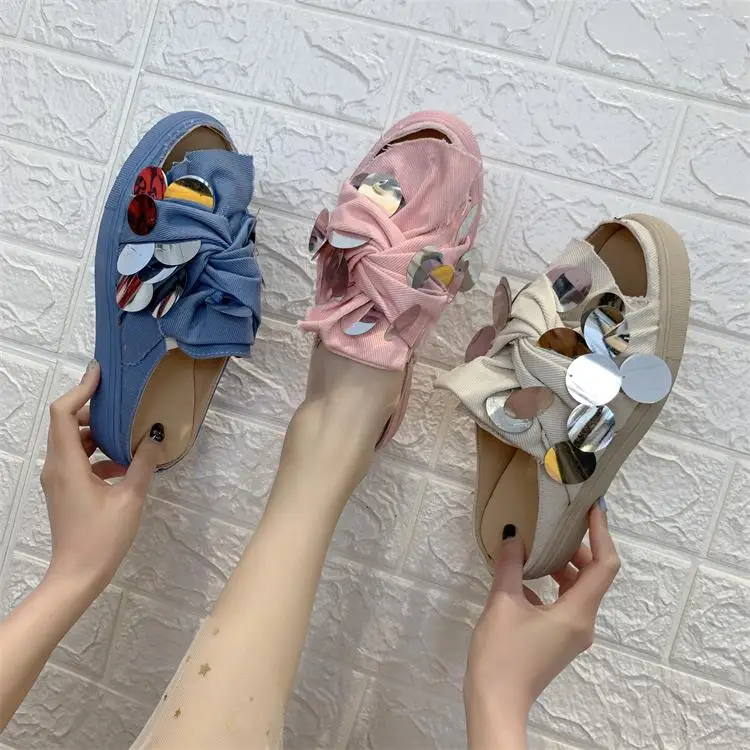 

Sequined slippers female wear fashion vacation beach shoes hundred casual denim thick bottom a word drag