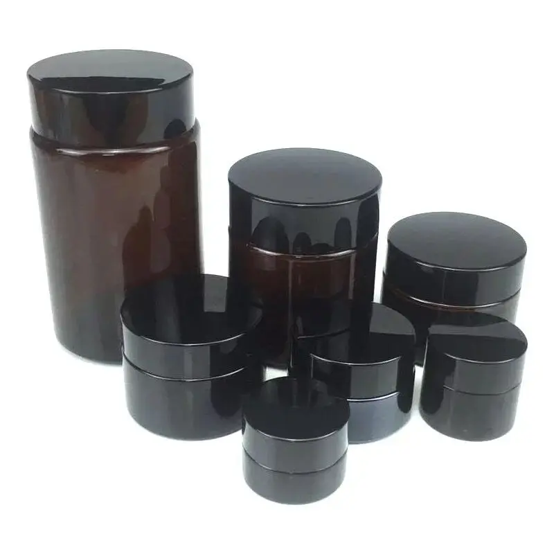 

50pcs Amber Glass Jar Pot Skin Care Cream Refillable Bottle Cosmetic Container Makeup Tool With Black Lid For Travel Packing Pot