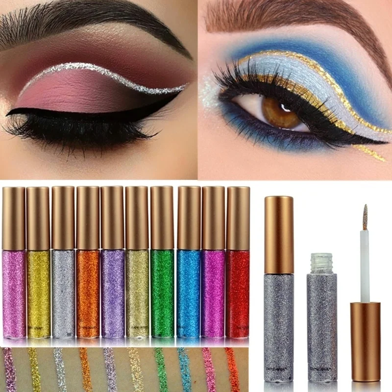 

10 Colors White Gold Glitter Eyeshadow for Easy To Wear Waterproof Liquid Eyeliner Beauty Eye Liner Makeup Bling Liquid Eyeliner