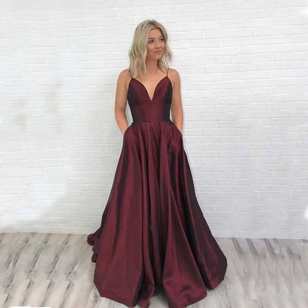 

Spaghetti Straps Burgundy Sexy Prom Dresses Floor Length Open Back A Line Evening Formal Party Dress with Pockets