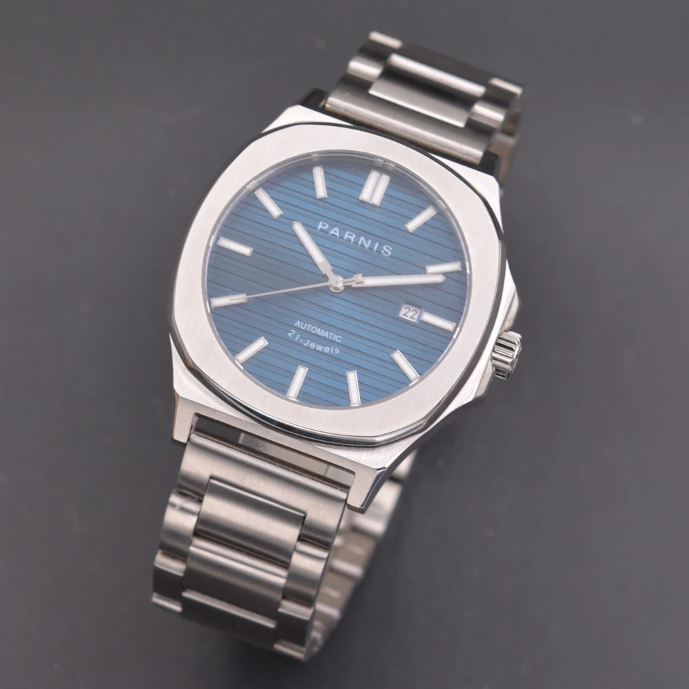 45mm parnis الأزرق الهاتفي ساعة يد صلب ميوتا الياقوت الكريستال الميكانيكية ووتش