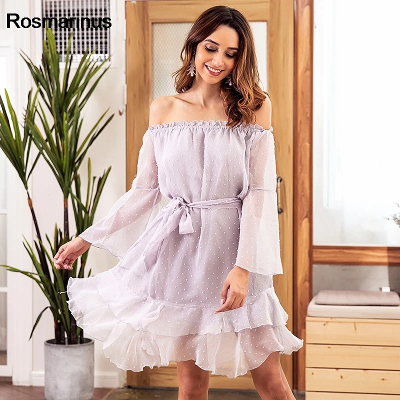 

Tunic Beach Dresses Chiffon Women Summer Slash Neck Long Sleeve Off Shoulder Dress Belted Backless Ruffles Boho Short Mini Dress