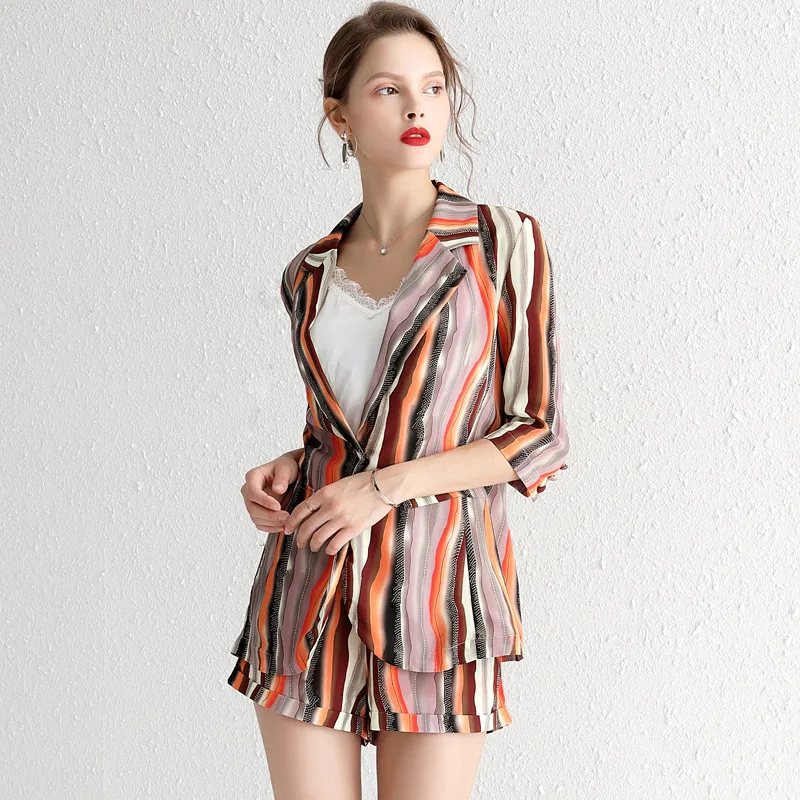 Womens Heavy Silk Suits Blazer with Shorts Summer 2019 Chic Two Piece Set Top and Pants Vogue Office Ladies High Quality za Coat Womens Heavy Silk Suits Blazer with Shorts Summer 2019 Chic Two Piece Set Top and Pants Vogue Office Ladies High Quality za Coat