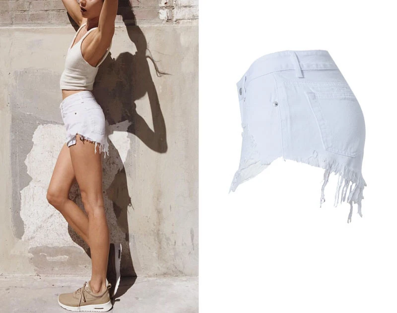  2017 Best Selling Women Pure White High Waist Slim Grinding Patch Holes Irregularly Exposed Jeans Pants Sexy Girl Denim Shorts (2)