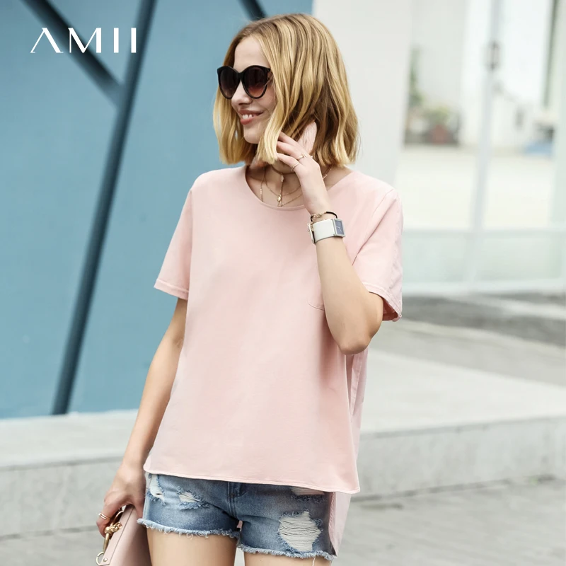 

Amii Women Minimalist 2019 Summer T-Shirt Solid Drawstring Short Sleeve Long Back Short Front Female Tee Tops
