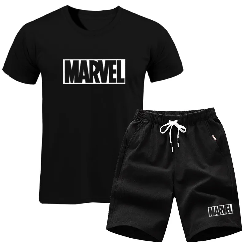 

men's set MARVEL T-shirt+Shorts men sets 2019 Brand clothing Two pieces tracksuit Fashion Casual T-shirt Workout Fitness T-shirt