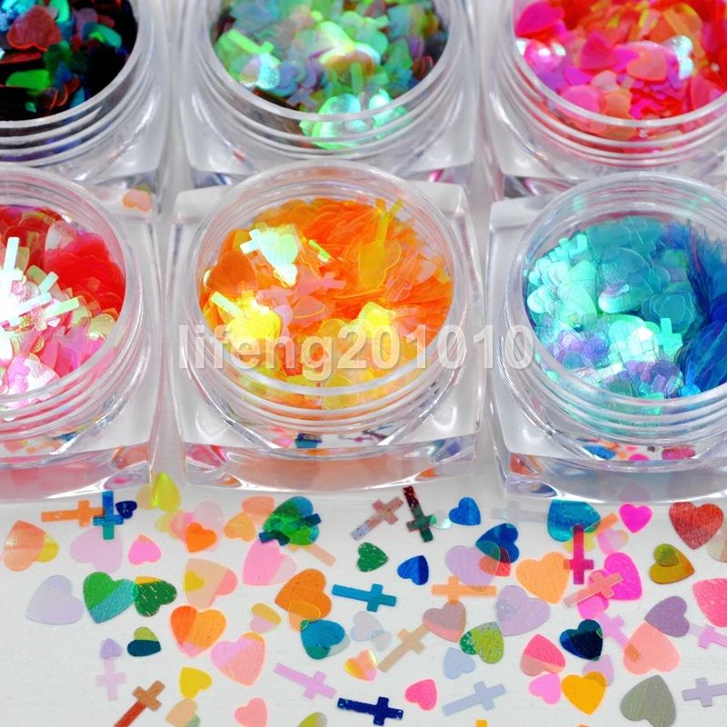 

12 Pots translucent glitter nail art decorations sequins heart cross decals manicure fake nails supplies tool