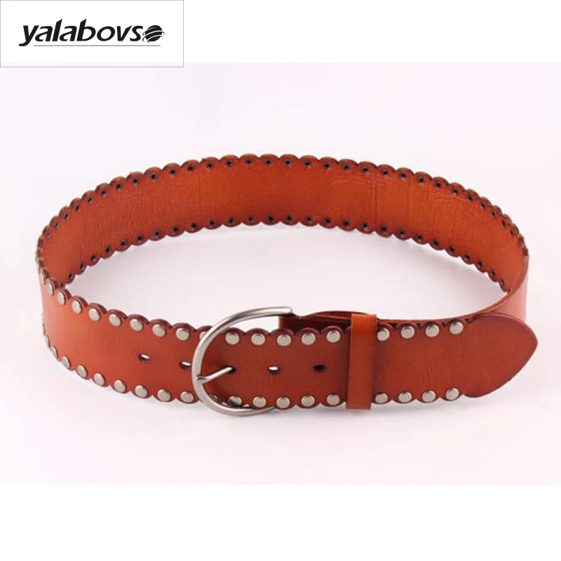 

Yalabovso Autumn Casual Novelty Wide 100% Leather rivet Belt Patchwork Cowskin sealing Belt for woman slim waist Z20