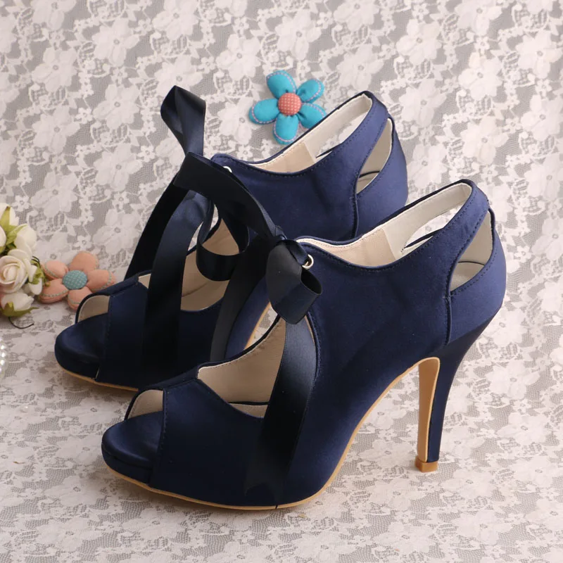 Por Navy Wedding Shoes Lots From Wedopus Navy Blue Lace Up Bride Wedding Shoe Open Toe Satin For Women Evening Shoes
