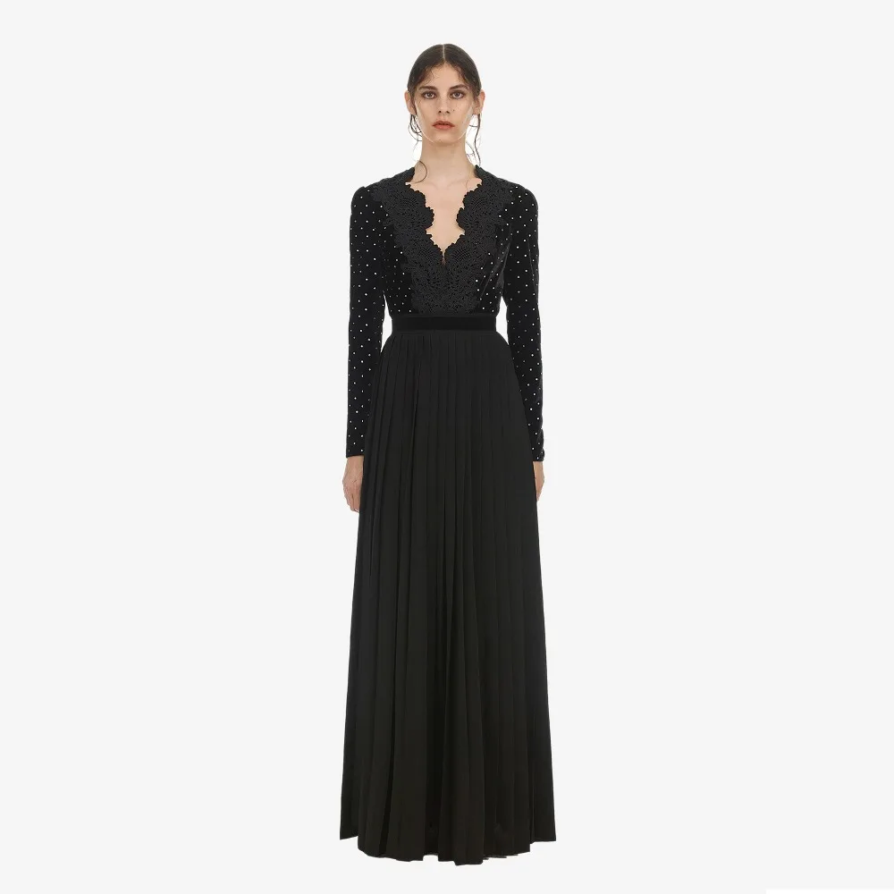 

Elegant Self Portrait Black Velvet Dress 2018 Women Vneck Dot Lace Velour Tunic Side Slit Pleated Long Dress vestido de festa