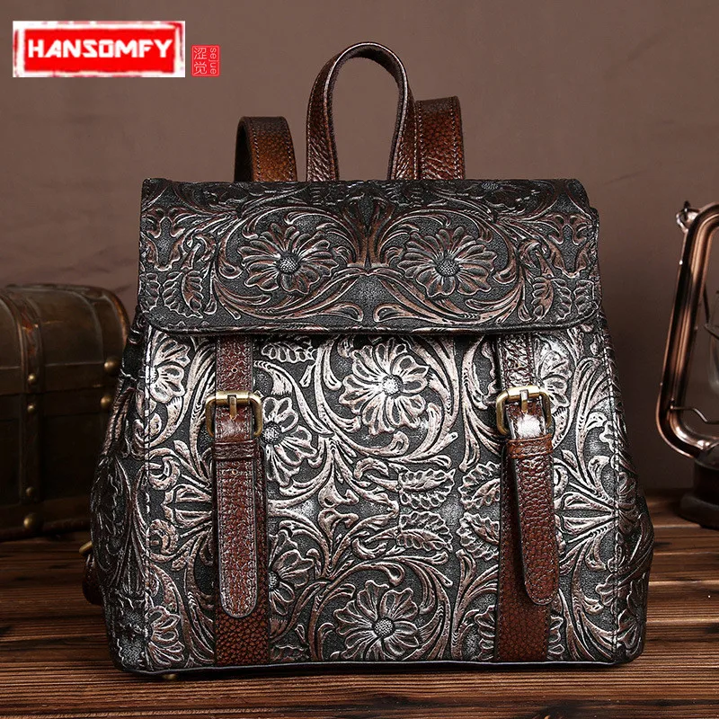 

2018 new hand brush color women backpack genuine leather female shoulder bags casual School trend wind flowers travel backpacks
