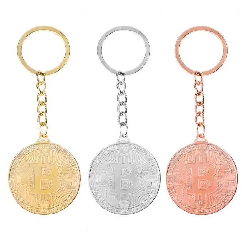 

Trendy Alloy Non-Currency Bitcoin Keychain Silver Gold Rose Gold Vintage Commemorative Coin Key Pendant Chain Woman Man Gift