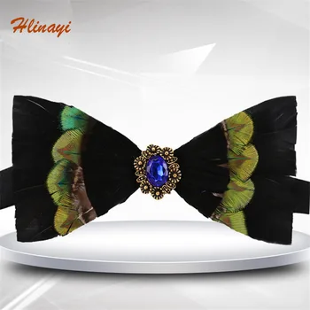 

Hlinayi 2019 Natural green black feather bird feather banquet night club wedding groom bowtie man wedding bow tie