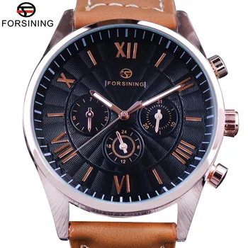

Forsining 2017 Fashion Swirl Dial Design 3 Dial 6 Hands Genuine Leather Mens Watches Top Brand Luxury Display Automatic Watch