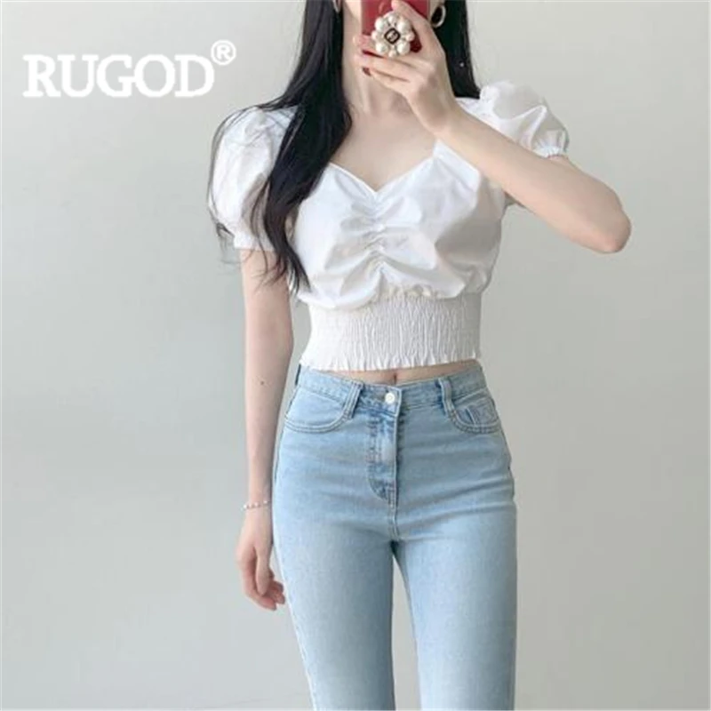 

RUGOD Women solid v-neck blouse puff sleeve elegant pleated short style high waist sweet shirt new summer fashion female korean