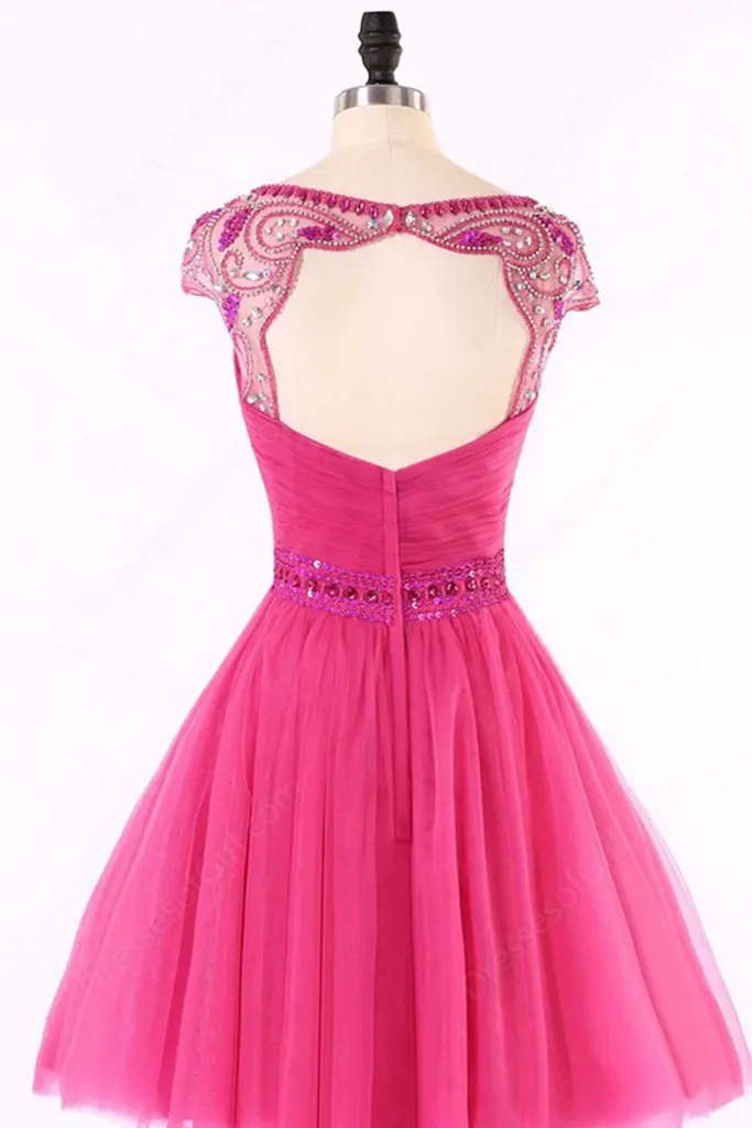 Tulle A Line Open Back Short Beaded Homecoming Dress 2017 Ruched-1