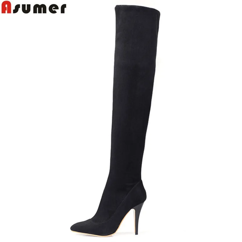 Goedkoop Asumer 2018 komen vrouwen laarzen mode kudde rits wees teen over de knie laarzen zwart wijnrood herfst winter laarzen